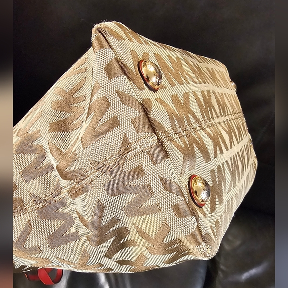 Michael Kors Monogrammed Shoulder Handbag with Red Leather accents EUC - Picture 11 of 16